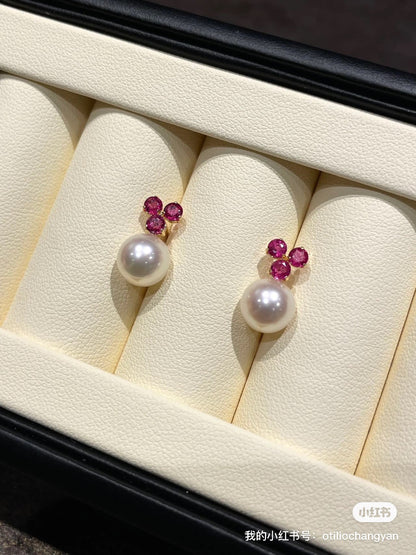akoya 耳钉 8mm 镶嵌40分红宝石