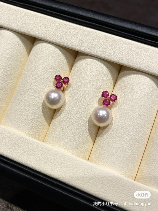 akoya 耳钉 8mm 镶嵌40分红宝石