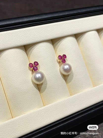 akoya 耳钉 8mm 镶嵌40分红宝石