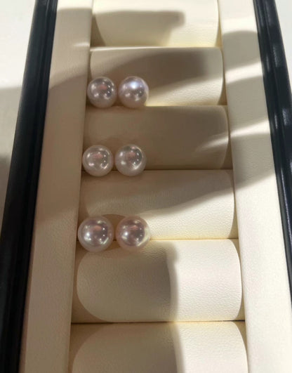 Akoya Pearl 18K Gold Simple Stud Earrings8.5-9mm 青粉光
