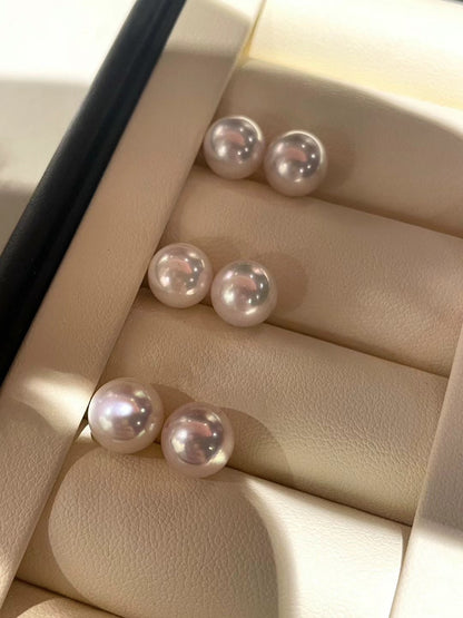 Akoya Pearl 18K Gold Simple Stud Earrings8.5-9mm 青粉光