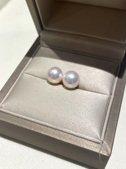 Akoya Pearl 18K Gold Simple Stud Earrings8.5-9mm 青粉光